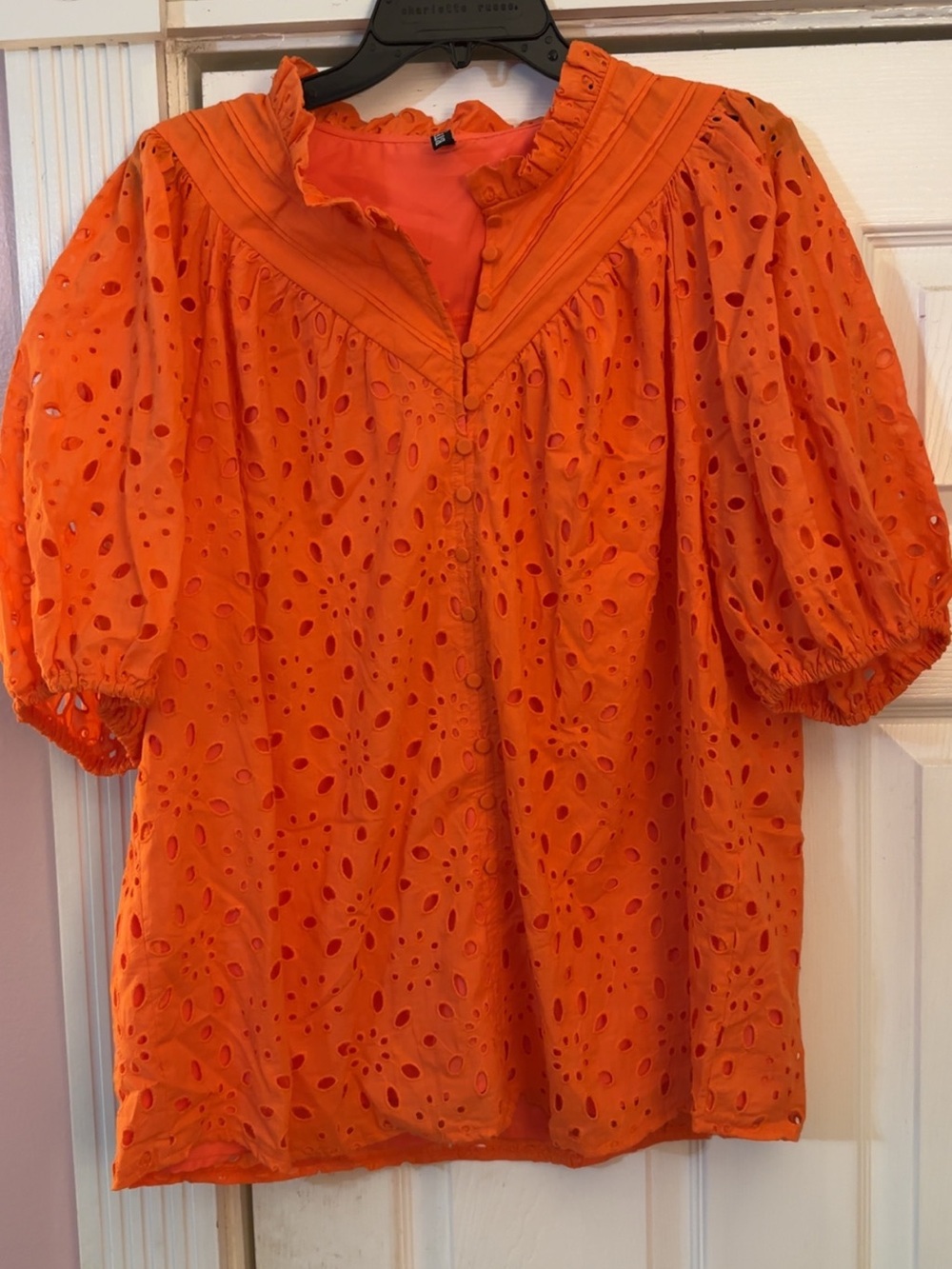 Bright Orange Eyelet Puff-Sleeve Blouse with Ruffle Collar